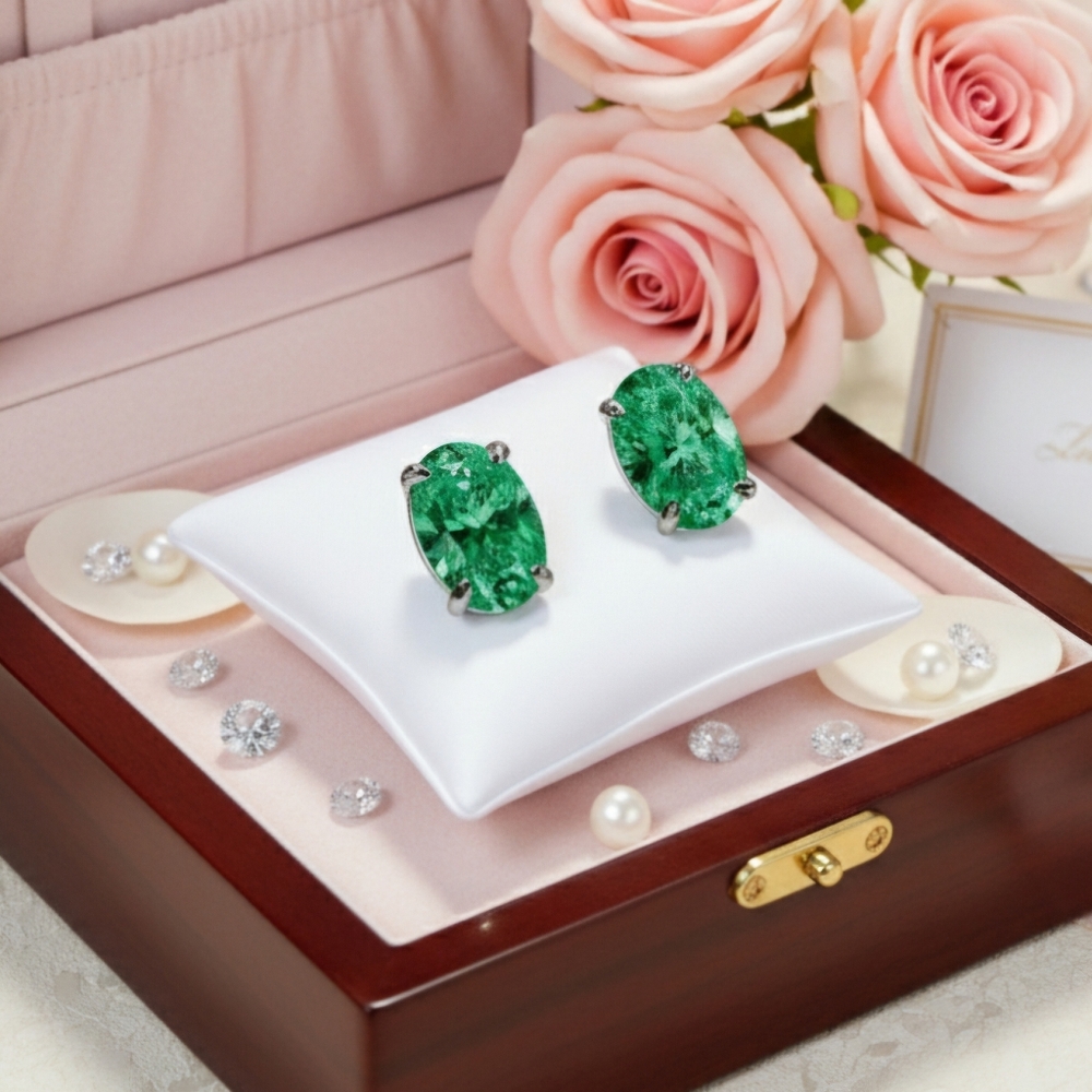 Elegant Green Zirconia Oval Stud Earrings